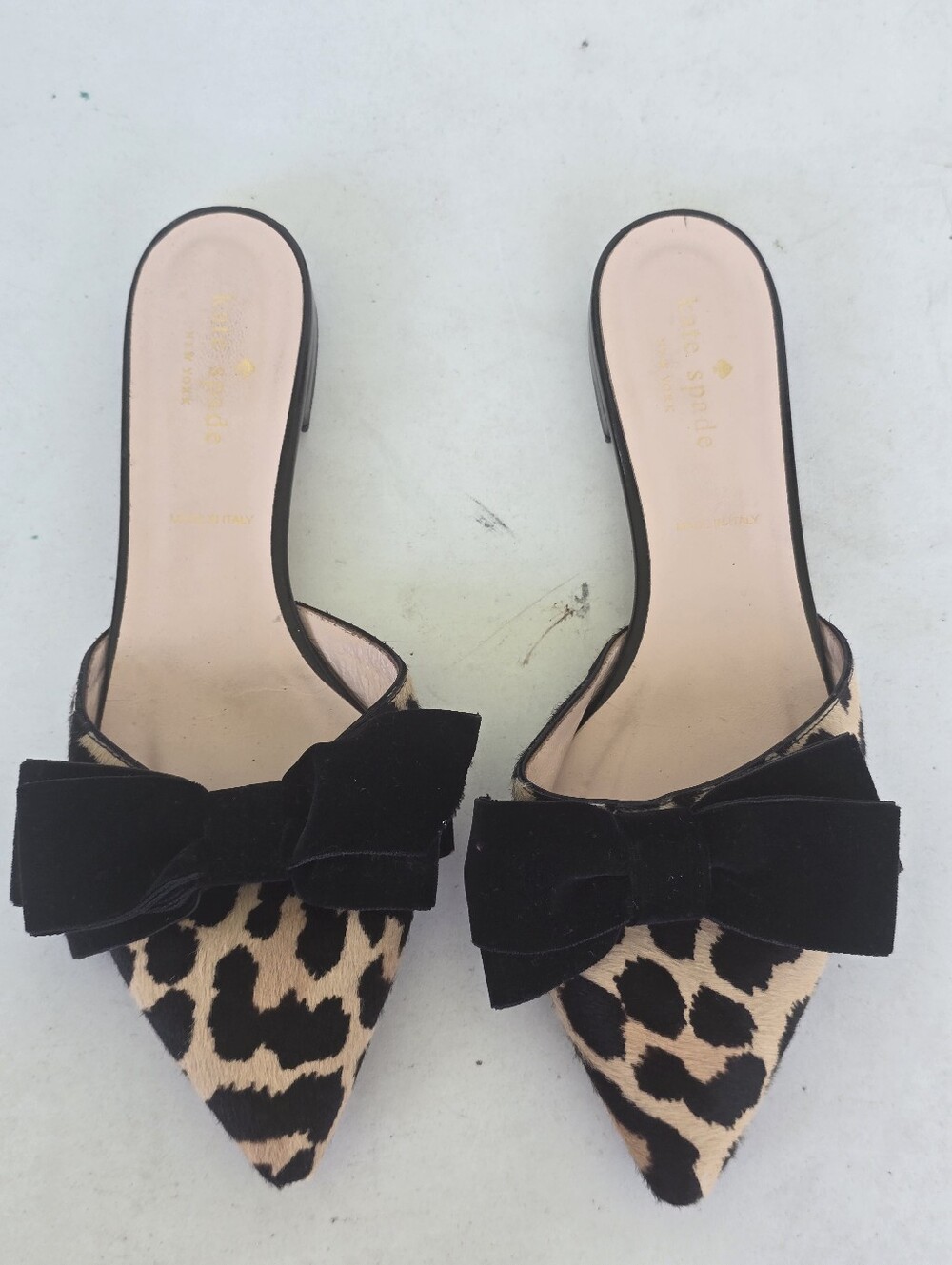 Kate Spade Leopard Calf Hair Bow Pointed Toe Mule Flats Size 7.5 Made Italy